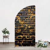 Aperturee - Aperturee Black Bricks Wall Golden Engraved Half Moon Arch Backdrop